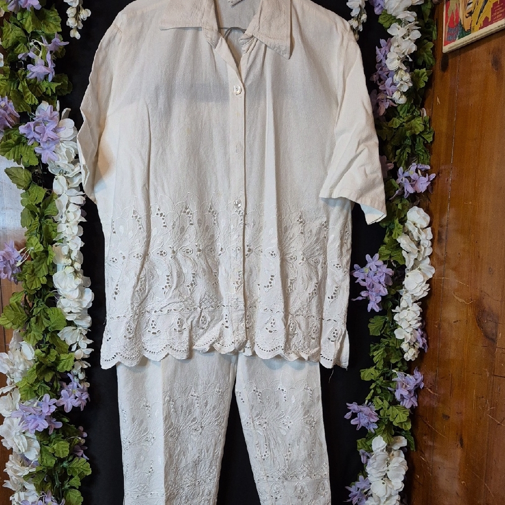 Cream Embroidered Cotton Two-Piece Pantsuit